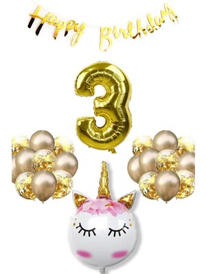 Best Parti Unicorn Rakamlı Bannerlı Doğum Günü Parti Seti Yaş 3