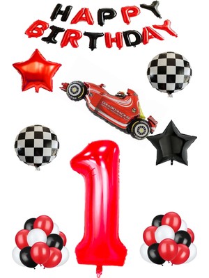 Best Parti Yarış Temalı Folyo ve Late x  Balon Seti Kırmızı Yaş 1