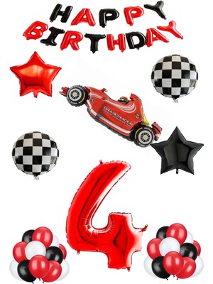 Best Parti Yarış Temalı Folyo ve Late x  Balon Seti Kırmızı Yaş 4