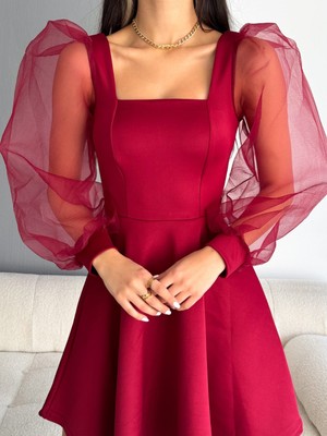 Trend Esinty Kadın U Yaka Kolları Tül Scuba Elbise Renkli