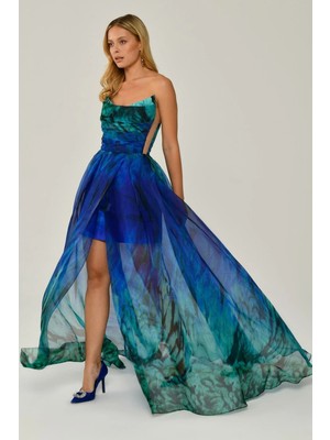 ALFABETA Desenli Straplez Saks-Yeşil Kadın Abiye 2245922