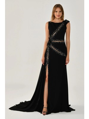 ALFABETA Sıfır Yaka Taş Detaylı Kolsuz Siyah Kadın Abiye 2246370