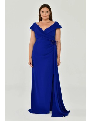 ALFABETA V Yaka Büyük Beden Saks Kadın Abiye 2246429