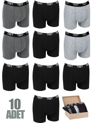 TEET Erkek Boxer Premium 10'lu Set Pamuklu Likralı Düz Renk