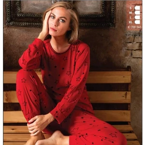 Uzun Kollu Kırmızı Yıldız Desenli Kadın Pijama Takımı