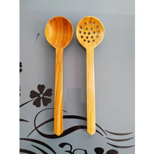 Ncy Home El Yapımı Ahşap Kiraz Ağacı Tahta Kaşık   Seti Zeytin Desenli 2 'li 30 cm