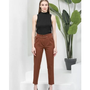 Zy Plus Kahve Yüksek Bel Kemerli Cotton Kumaş Havuç Pantolon