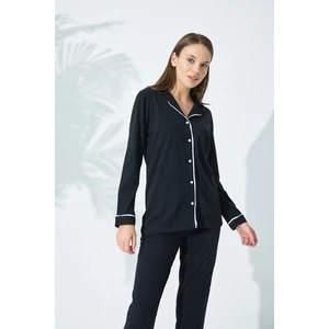 Siyah İnci Beyaz Şeritli Biyeli ve Düğmeli Kadın Pijama Takımı