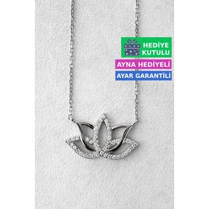 Lotus Çiçeği Gümüş Kolye 18 Ayar Beyaz Altın Kaplama Lotus Çiçeği Kolyesi 925 Ayar Gümüş Kadın Kolye | Bayan Zirkon Taşlı Lotus Kamelya Çiçeği Kadın Gümüş Kolye