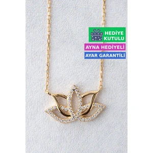 Lotus Çiçeği Gümüş Kolye 18 Ayar Sarı Altın Kaplama Lotus Çiçeği Kolyesi 925 Ayar Gümüş Kadın Kolye | Bayan Zirkon Taşlı Lotus Kamelya Çiçeği Gold Kadın Gümüş Kolye
