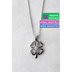 Yonca Gümüş Kolye 18 Ayar Beyaz Altın Kaplama Şans Yoncası 925 Ayar Gümüş Kadın Kolye| Bayan Dört Yapraklı Yoncalı Zirkon Taşlı 4 Yapraklı Yonca Kolyesi Kadın Gümüş Kolye
