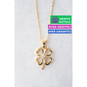 Yonca Gümüş Kolye 18 Ayar Sarı Altın Kaplama Şans Yoncası 925 Ayar Gümüş Kadın Kolye| Bayan Dört Yapraklı Yoncalı Zirkon Taşlı 4 Yapraklı Yonca Kolyesi Gold Kadın Gümüş Kolye
