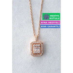 Gümüş Baget Taşlı Kolye 18 Ayar Rose Altın Kaplama Kadın Gümüş Baget Kolye 925 Ayar Gümüş Kadın Kolye | Bayan Baget Gümüş Kolye Zirkon Taşlı Baget Model Rose Gold Kadın Gümüş Kolye