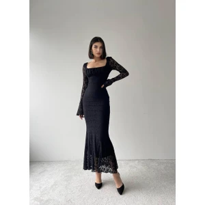 Concon Moda Matilda Dantel Uzun Siyah Elbise