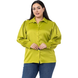 Disentis Modest Büyük Beden Manşeti ve Kol Tepesi Büzgülü Saten Fıstık Yeşili Gömlek