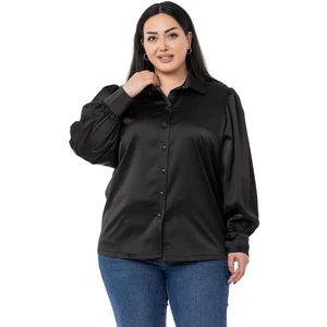 Disentis Modest Büyük Beden Manşeti ve Kol Tepesi Büzgülü Saten Siyah Gömlek