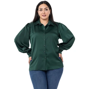 Disentis Modest Büyük Beden Manşeti ve Kol Tepesi Büzgülü Saten Zümrüt Gömlek