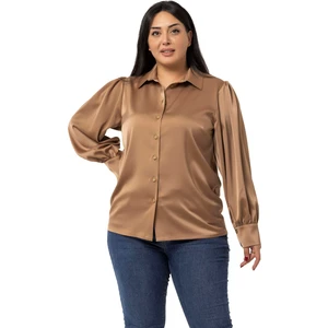 Disentis Modest Büyük Beden Manşeti ve Kol Tepesi Büzgülü Saten Vizon Gömlek