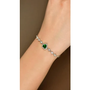 Roza Silver Zümrüt Taşlı Rodyum Kalp Anturaj Gümüş Bileklik
