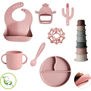 Meleni Baby 8'li Set - Silikon Mama Önlüğü Bardak Vakumlu Tabak Mama Kaşığı 3'lü Dişlik ve Kule Oyuncağı Pembe