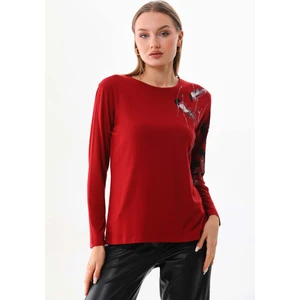 Kadın Desenli Bisiklet Yaka Uzun Kol Bluz 23598 Bordo