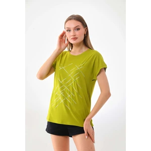 Kadın Çizgi Desenli Kısa Kol Bluz 23166 Yağ Yeşili