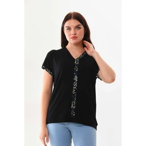 Kadın Desenli V Yaka Kısa Kol Bluz 23151 Siyah