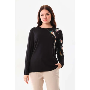 Kadın Desenli Bisiklet Yaka Uzun Kol Bluz 23598 Siyah