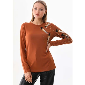 Kadın Desenli Bisiklet Yaka Uzun Kol Bluz 23598 Camel