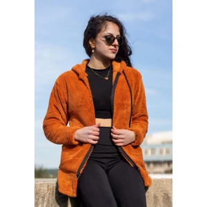 Azıcık Akıllı Kadın Kiremit Peluş Kalın Fermuarlı Kapüşonlu Cepli Ceket 23KCKTMY50