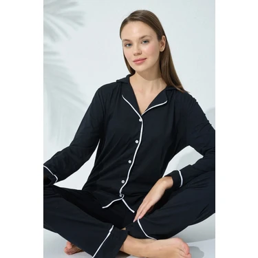 Siyah İnci Beyaz Şeritli Biyeli ve Düğmeli Kadın Pijama Takımı