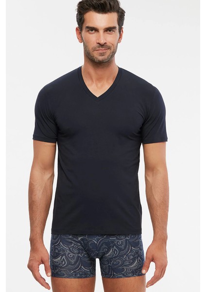 Antonio V Yaka Pamuklu Erkek Tshirt - Lacivert