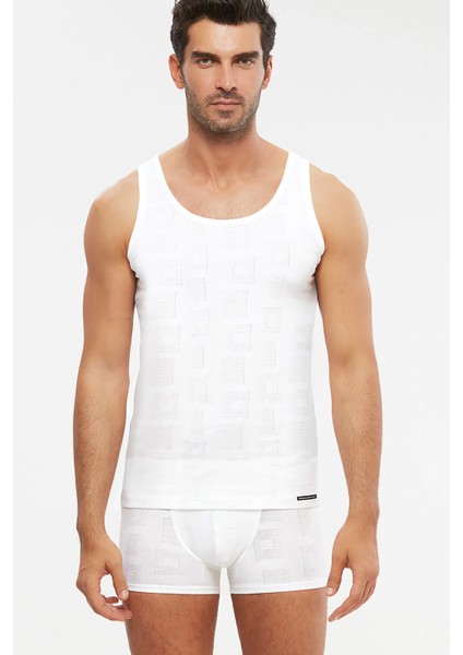 Anka Askılı Modal Jakar Desen Erkek Atlet - Beyaz