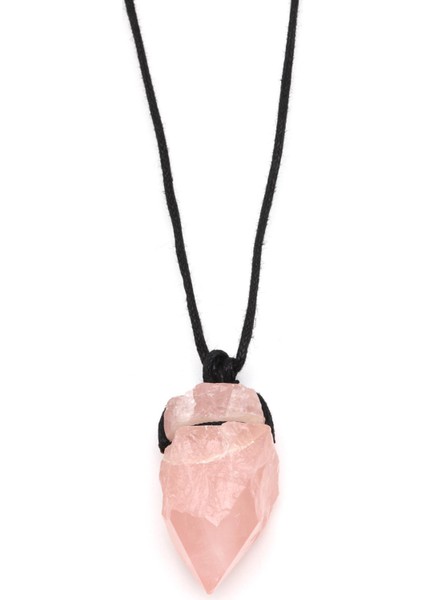 Pembe Kuvars Doğal Taş Siyah Ipli Kolye
