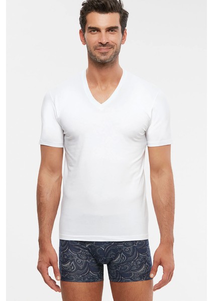 Antonio V Yaka Pamuklu Erkek Tshirt - Beyaz