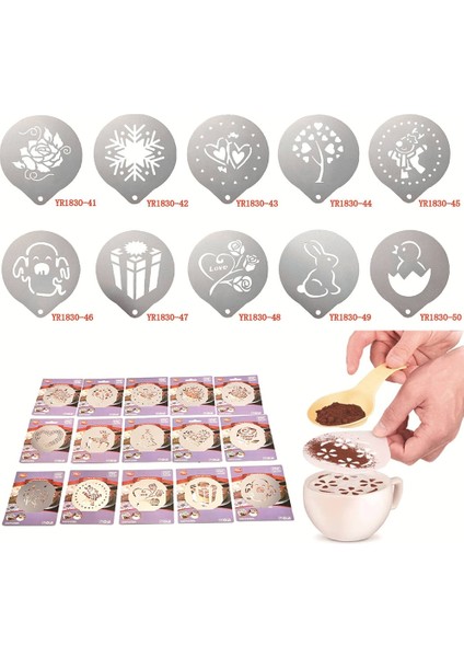 YR1830-25 Stili Kahve Kalıbı Süt Kek Kek Stencil Şablonu Kahve Dekoru Kahve Barista Cappuccino Şablonu Strew Pad Duster Sprey Araçları (Yurt Dışından)