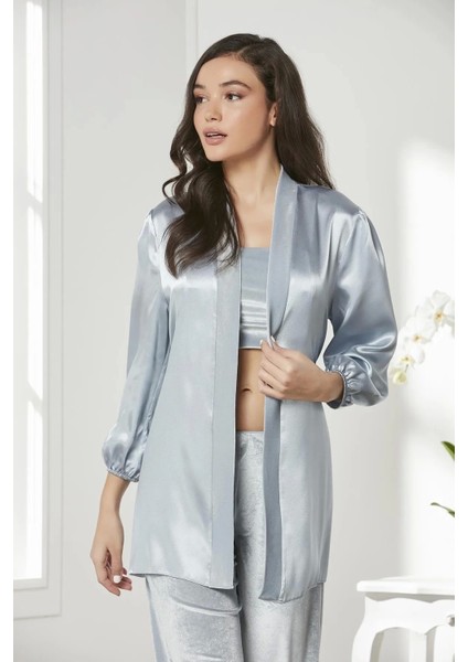 Kadife Saten 3'lü Kadın Crop'lu Pijama Takımı 2050 - Mist fiyatları