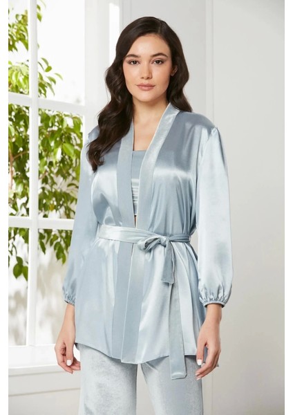 Kadife Saten 3'lü Kadın Crop'lu Pijama Takımı 2050 - Mist modelleri