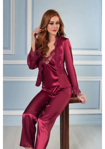6'lı Saten Gecelik Sabahlık Takım Çeyiz Seti 6335 - Bordo fırsatları