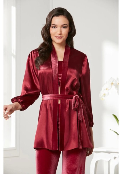 Kadife Saten 3'lü Kadın Crop'lu Pijama Takımı 2050 - Bordo