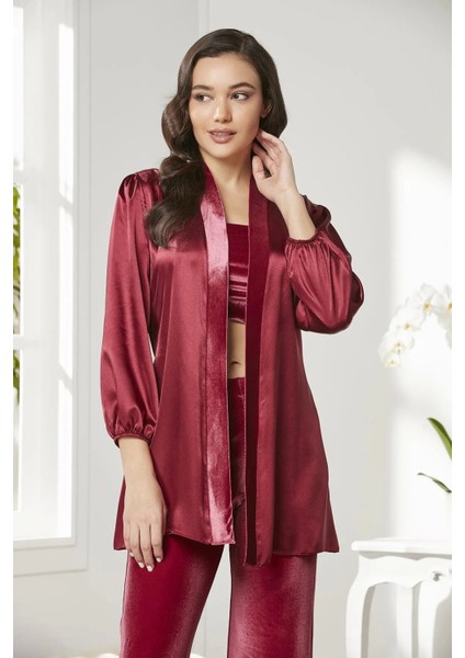 Kadife Saten 3'lü Kadın Crop'lu Pijama Takımı 2050 - Bordo modelleri