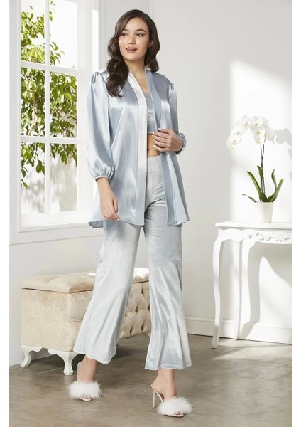 Kadife Saten 3'lü Kadın Crop'lu Pijama Takımı 2050 - Mist