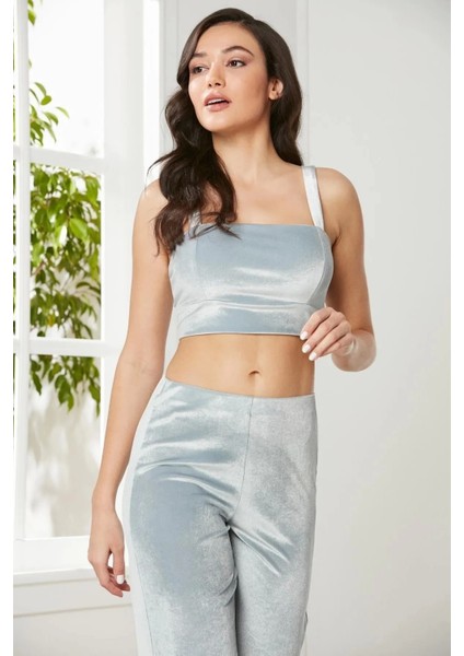 Kadife Saten 3'lü Kadın Crop'lu Pijama Takımı 2050 - Mist indirimleri