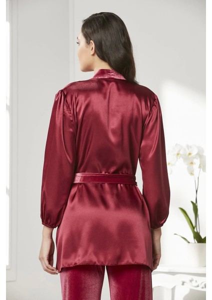 Kadife Saten 3'lü Kadın Crop'lu Pijama Takımı 2050 - Bordo