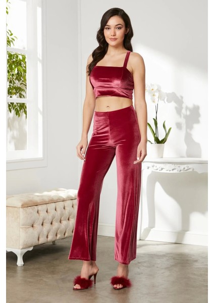 Kadife Saten 3'lü Kadın Crop'lu Pijama Takımı 2050 - Bordo