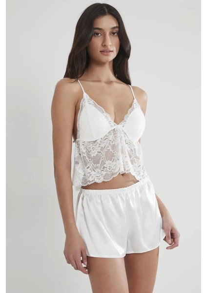 Saten Dantelli Şort Babydoll Takım 450 - Ekru