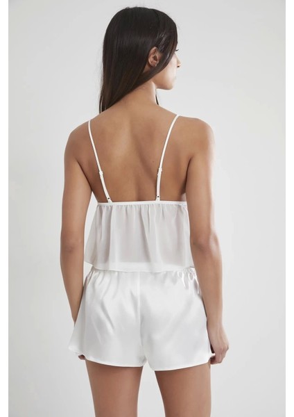 Saten Dantelli Şort Babydoll Takım 450 - Ekru