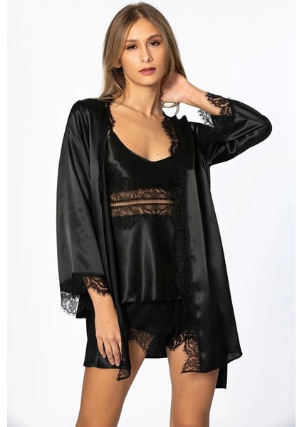 Saten Dantelli 3'lü Şort Kombi Sabahlık Takımı 2490 - Siyah fiyatları