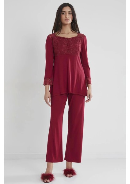 Kadın Penye Dantelli Pijama Takımı 1241 - Bordo