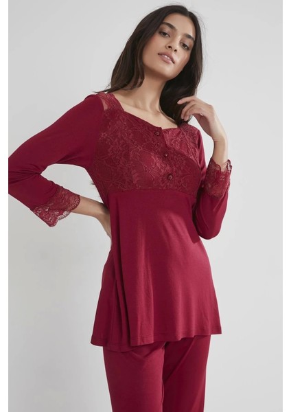Kadın Penye Dantelli Pijama Takımı 1241 - Bordo modelleri